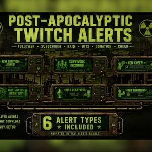 May include: A digital bundle of six post-apocalyptic themed Twitch alerts in a green and dark brown color palette. The graphics feature industrial, metallic frames with radiation symbols and text including New Survivor Joined, Survivors Incoming, New Cheer, Vault Access Granted, Bits Received, and New Donation.
