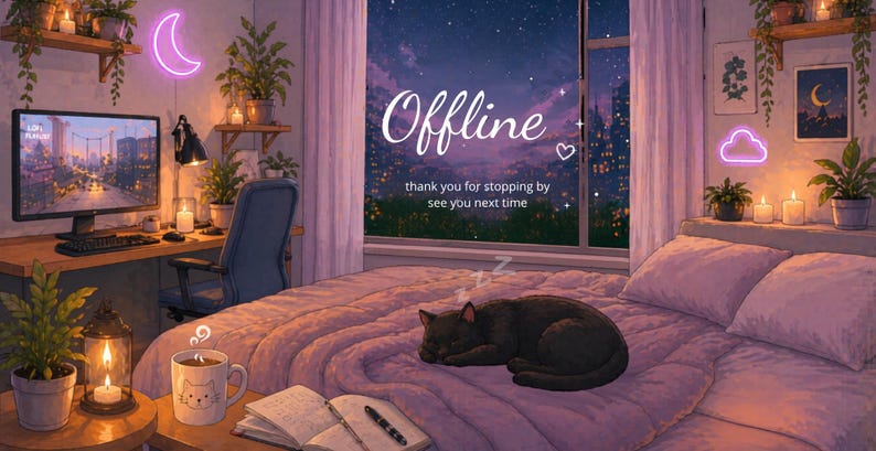 Cat LoFi Cozy Twitch Overlay Screens – Starting Soon, BRB, Offline, Stream Ending | Cute Animated Stream Screens image 2