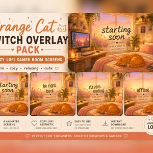 Op de afbeelding: Een Twitch-overlaypakket met een gezellige LoFi-gamerkameresthetiek, met een oranje kat. Het pakket bevat vier geanimeerde schermen met tekst als "starting soon" en "offline". Het ontwerp omvat een bed en een raam met een zonsondergang.