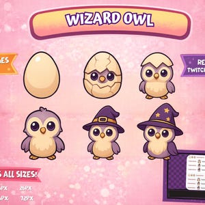 May include: A set of cartoon owl graphics with the text "WIZARD OWL", including an egg, hatching egg, and three owls wearing different hats. The image also includes the text "SUB BADGES + EMOTES" and "READY FOR TWITCH + DISCORD".
