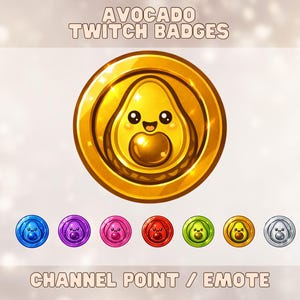 Könnte beinhalten: Eine Sammlung von Twitch-Badges mit einem Avocado-Design. Die Badges sind in verschiedenen Farben erhältlich, darunter Gold, Blau, Lila, Rosa, Rot, Grün, Gelb und Silber. Der Text oben lautet "AVOCADO TWITCH BADGES" und unten "CHANNEL POINT / EMOTE".