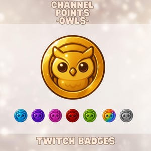 8x Uilenmunten Kanaalpunten | Twitch Abonnementsbadges | Uilen-emote | Klaar voor Twitch & Discord | Emote | Schattig | Gouden munt