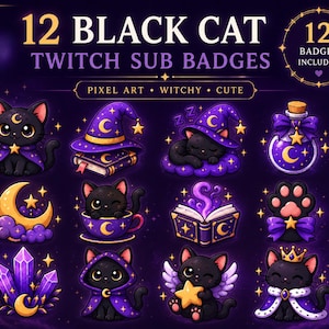 Può includere: Una collezione digitale di 12 badge per abbonati Twitch raffiguranti gatti neri in pixel art. Il set include gatti con cappelli da strega, mantelli, corone e ali, insieme a oggetti magici come pozioni, libri di incantesimi, cristalli e lune.
