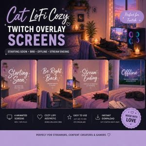Cat LoFi Cozy Twitch Overlay Screens – Starting Soon, BRB, Offline, Stream Ending | Cute Animated Stream Screens image 1