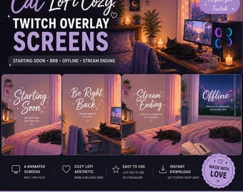 Cat LoFi Cozy Twitch Overlay Screens – Starting Soon, BRB, Offline, Stream Ending | Cute Animated Stream Screens
