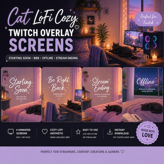 Cat LoFi Cozy Twitch Overlay Screens – Starting Soon, BRB, Offline, Stream Ending | Cute Animated Stream Screens