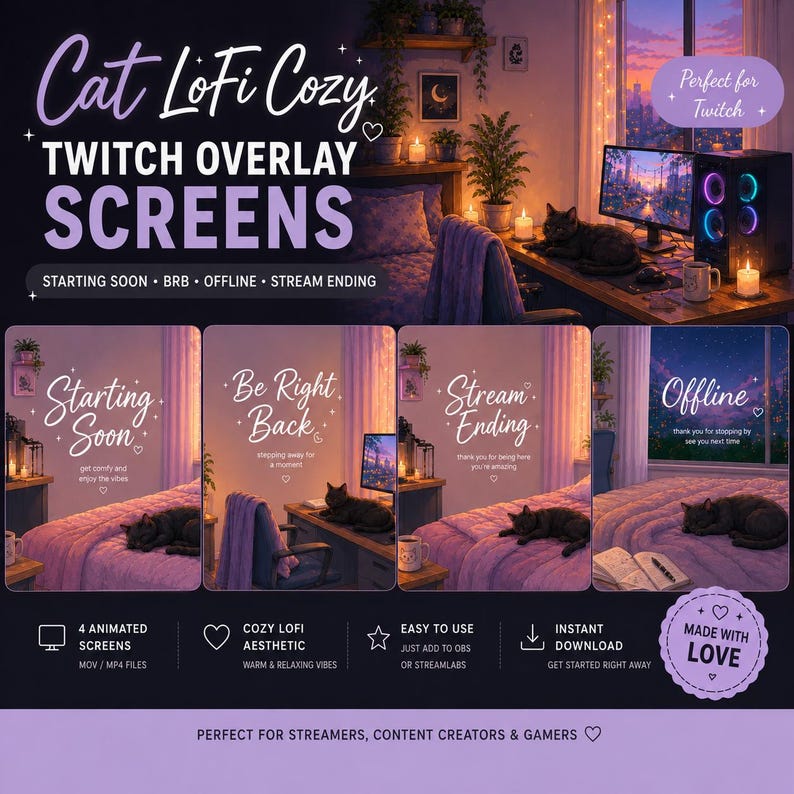 Cat LoFi Cozy Twitch Overlay Screens – Starting Soon, BRB, Offline, Stream Ending | Cute Animated Stream Screens image 1