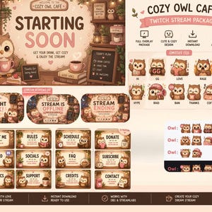 Può includere: Un pacchetto di arte digitale per streamer di Twitch, con il tema Cozy Owl Café. Include overlay, emote e schermate di streaming. Il design presenta una calda tavolozza di colori con simpatiche illustrazioni di gufi e il testo "COZY OWL CAFÉ".