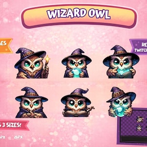 May include: A collection of six cartoon owl graphics wearing wizard hats and cloaks, with a variety of magical items. The text "WIZARD OWL" is at the top, with "SUB BADGES + EMOTES" and "READY FOR TWITCH + DISCORD" also displayed.