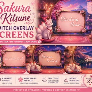 Könnte beinhalten: Ein digitales Set von Sakura Kitsune Twitch-Overlay-Bildschirmen mit einem neunschwänzigen Fuchs, Kirschblüten und einer Berglandschaft. Die Bildschirme enthalten Textanzeigen für Starting Soon, Be Right Back, Stream Ending und Offline.