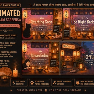 Könnte beinhalten: Animierte Stream-Bildschirme für Twitch, mit einem gemütlichen Ramen-Shop-Thema. Das Design umfasst Katzen, Kerzen und eine Lofi-Ästhetik. Das Set enthält vier Bildschirme: Startet bald, Gleich zurück, Stream-Ende und Offline.