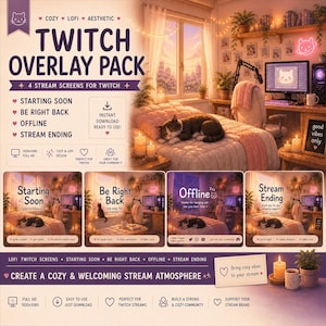 May include: A digital Twitch overlay pack featuring four stream screens with a cosy bedroom theme. The screens include text for Starting Soon, Be Right Back, Offline, and Stream Ending, all set against a warm, illustrated room with a sleeping cat.