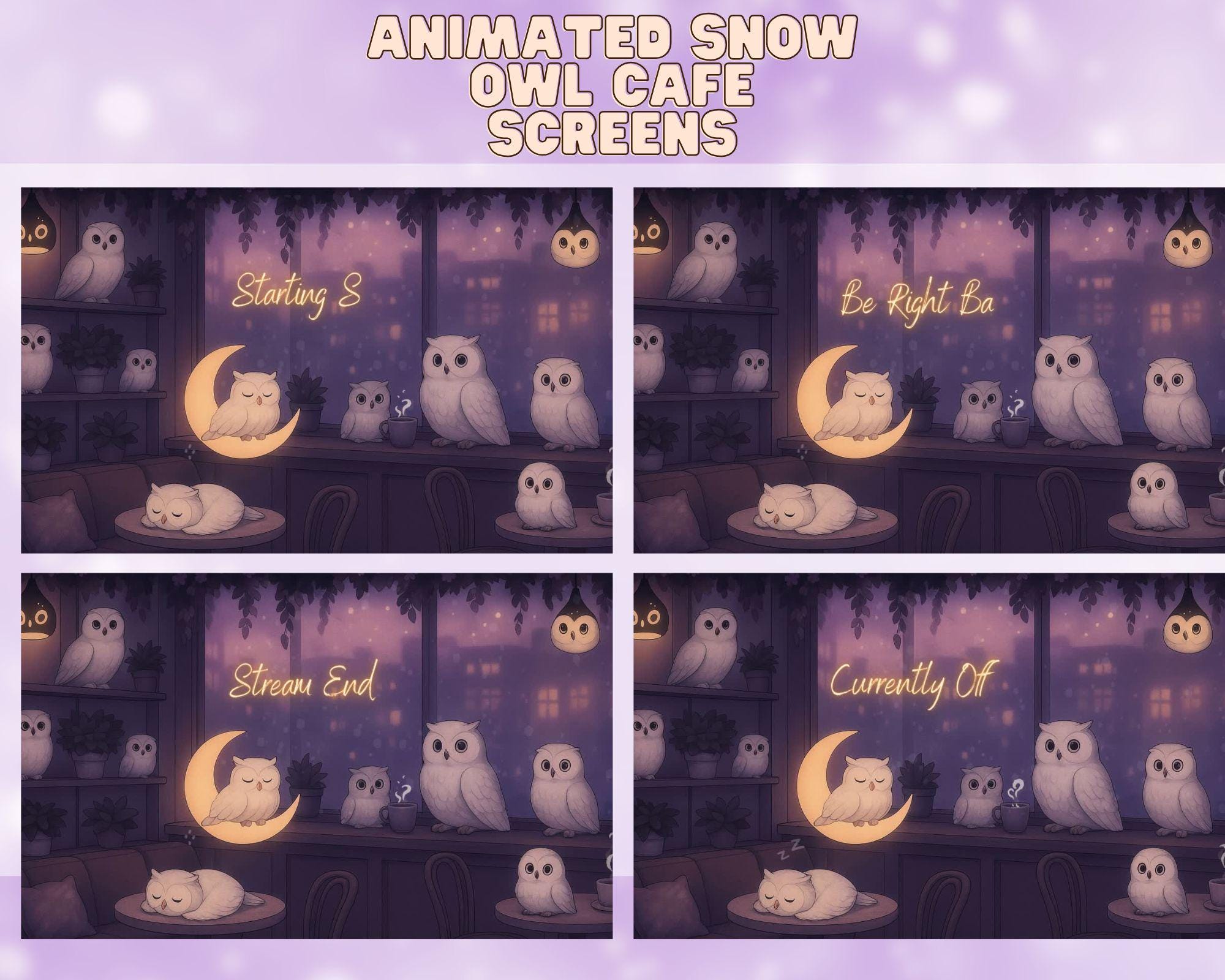 Snow Owl Cafe animated Twitch Screens | Cozy Owl Package | Animated Twitch Overlay | Stream Paket |