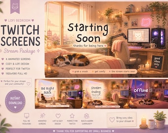 Calico Cat Twitch Overlay Screens Animated | Cozy Lofi Bedroom Stream Package | Starting Soon BRB Offline Ending Screens