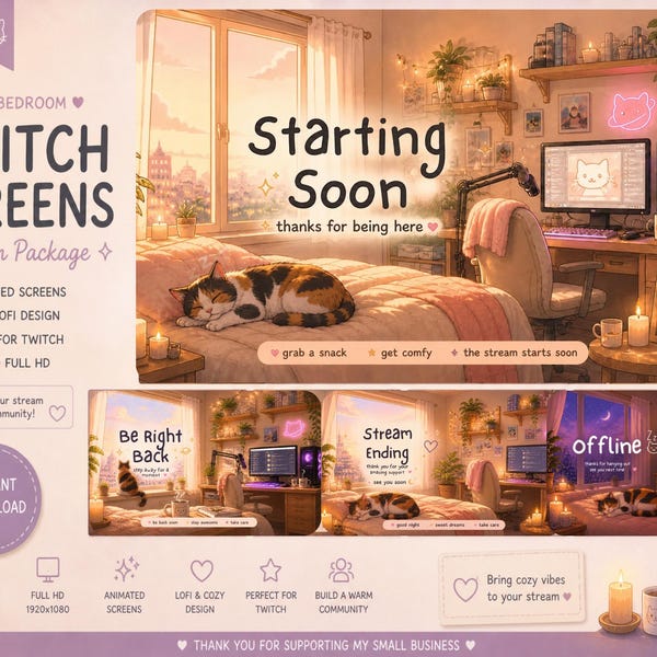 Animowane ekrany nakładek Calico Cat Twitch | Pakiet streamingowy Cozy Lofi Bedroom | Wkrótce start! Ekrany końcowe offline