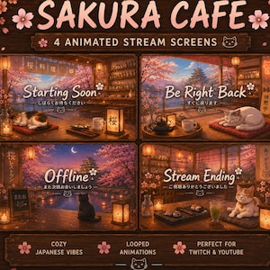 May include: Digital art featuring four animated stream screens with a Japanese cafe theme. Each screen displays a different scene with cherry blossoms, lanterns, and cats. Text includes "Starting Soon," "Be Right Back," "Offline," and "Stream Ending."