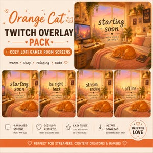 Op de afbeelding: Een Orange Cat Twitch Overlay-pakket met vier geanimeerde schermen, een gezellige slaapkamerscène, een slapende oranje kat en tekst waaronder starting soon, be right back, stream ending en offline, ontworpen voor streamers en creators.