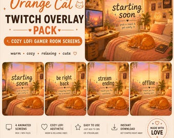 Orange Cat Twitch Overlay Screens | Cozy Lofi Gamer Room Pack | Starting Soon, BRB, Offline, Stream Ending | Cute Animated Stream Screens