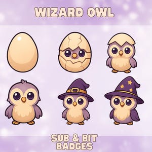 Puede incluir: Una serie de ilustraciones de dibujos animados con el tema del búho mago. Las imágenes incluyen un huevo, un huevo agrietado con un búho y búhos en varias etapas de desarrollo, incluido uno con un sombrero de bruja. También está presente el texto "WIZARD OWL" y "SUB & BIT BADGES".