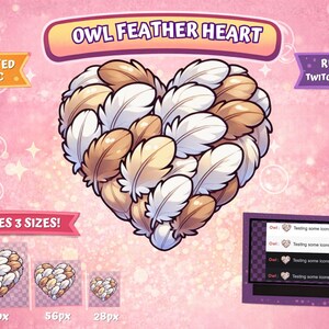 Könnte beinhalten: Digitalgrafik eines Herzens aus Eulenfedern in Braun- und Weißtönen. Der Text enthält "OWL FEATHER HEART", "ANIMATED + STATIC", "INCLUDES 3 SIZES!" und "READY for TWITCH & DISCORD". Drei Größen werden angezeigt: 112px, 56px und 28px.