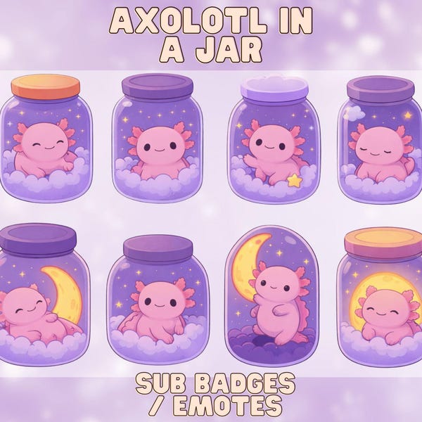 Axolotl Twitch Sub Badges | Cute Kawaii Axolotl in Jar | Subscriber Badge Set | Stream Badges | Twitch Emotes | Streaming Assets