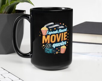 Tazza da caffè nera lucida con citazioni del film "Parlo fluentemente", regalo per gli amanti del cinema