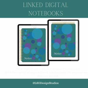 Peut inclure: Deux carnets numériques avec des couvertures bleu-vert et des reliures spirales dorées. Les couvertures présentent un motif de cercles bleus, violets et bleu-vert. Le texte "Notes" est imprimé sur chaque couverture.
