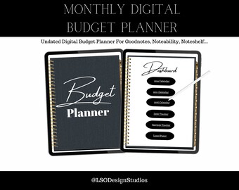 Op de afbeelding: Een digitale budgetplanner voor Goodnotes, Noteability en Noteshelf. De planner heeft een zwarte kaft met gouden accenten en de tekst "Budget Planner". De binnenkant van de planner toont een dashboard met knoppen voor de kalenders 2024, 2025 en 2026, een schulden tracker, een spaar tracker en gestreept papier.