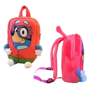 Kids Popular Blue Dog with GRANNY GLASSES from Cartoon show. Soft, Plush, Spacious, Coral Red Bookbag/Luggage