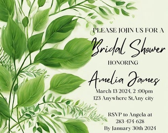 Plantilla de invitación de despedida de soltera, vegetación, tarjeta de invitación de despedida de soltera de vegetación imprimible, editable, descarga instantánea Templett