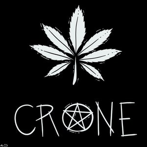 May include: Black and white graphic design with the text "CHRONIC CRONE" in a handwritten style. A pentagram is featured above and below the text, and a stylized marijuana leaf is in the center.