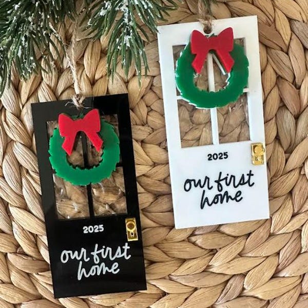 First Home Christmas Ornament | Acrylic Front Door, Wreath, Personalized