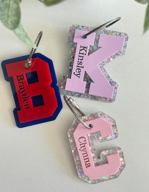 Varsity Personalized Letter Tag Colligate Tag, Keychain, Bag Tag, Bogg Bag, Backpack Tag, Initial Tag, Personalized Keychain