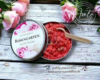 Körper Peeling 150 g mit Mandelöl und Rosenblütenblätter, Skin Scrub, veganes Body Scrub, Gesichtspeeling, Salz-Öl-Peeling, Geschenk