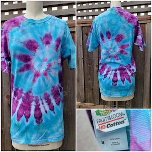 S-2XL Adult t-shirt, Ice Tie Dye in Spiral Design, Purple and Blue, Unisex 100% Cotton Tee