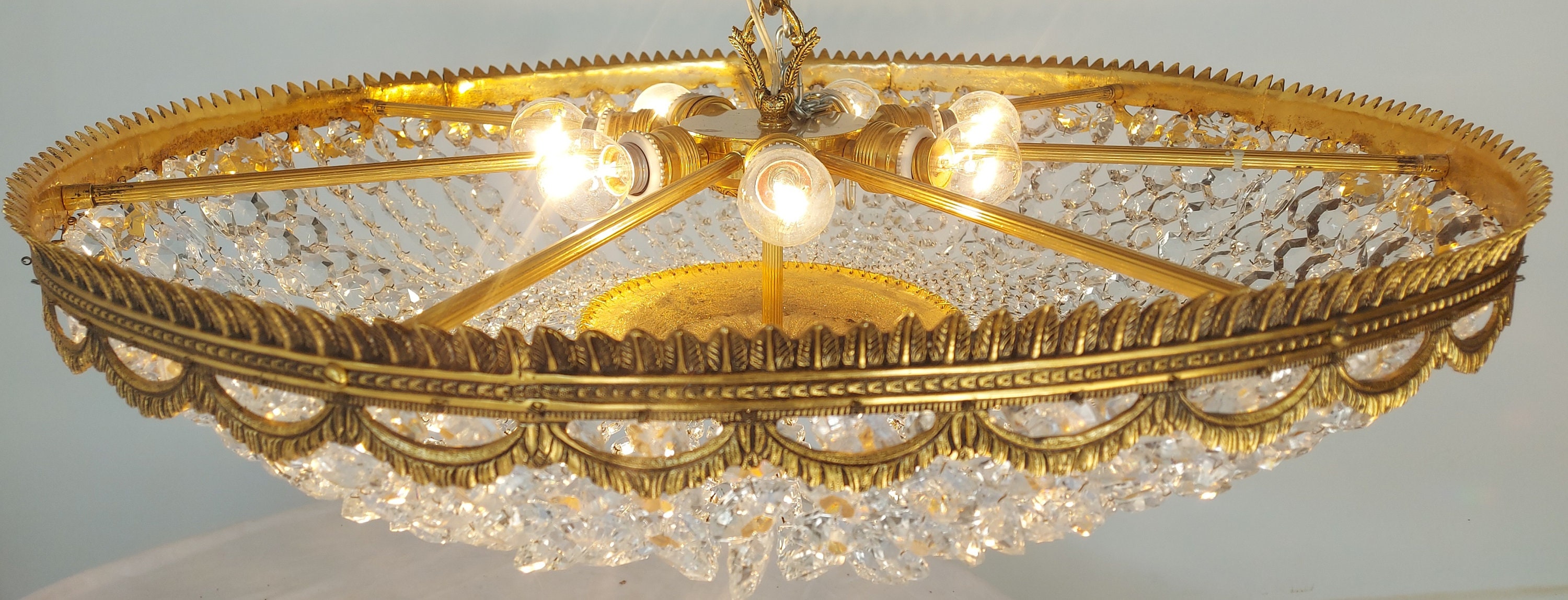 Large Vintage French Diamond Cut & Polished Crystal Flushmount Fixture ...
