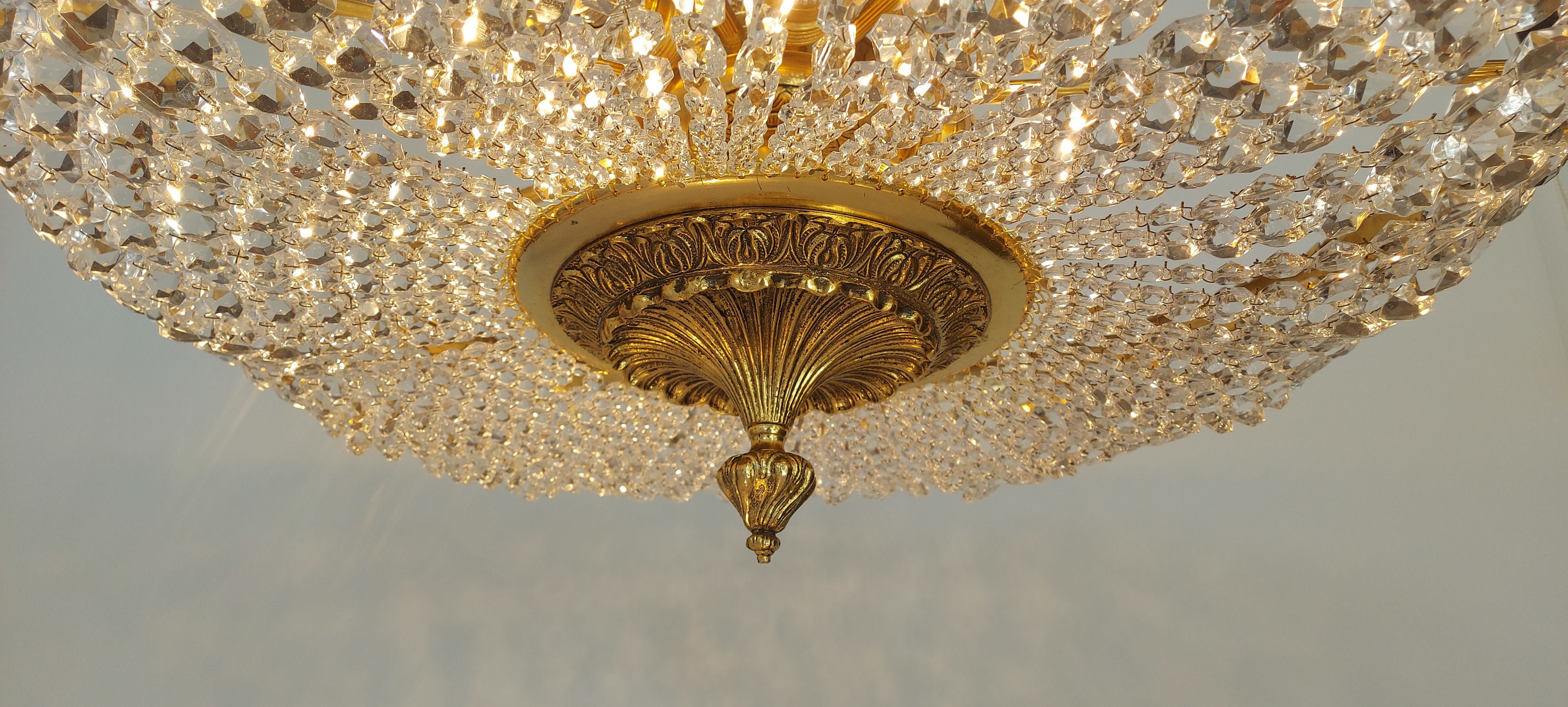 Large Vintage French Diamond Cut & Polished Crystal Flushmount Fixture ...