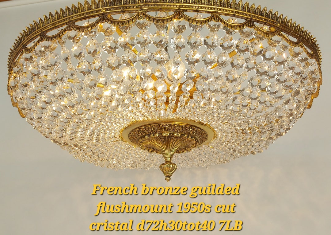 Large Vintage French Diamond Cut & Polished Crystal Flushmount Fixture ...