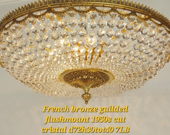 Grande apparecchio da incasso vintage francese in cristallo con taglio a diamante e lucido