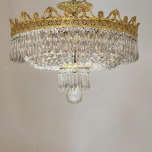 Large majestic French Bronze Crystal chandelier flushmount ceiling light