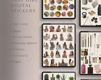 THAT GIRL, Aesthetic Digital Sticker Book for Goodnotes | Pre-cropped Self-Care Sticker Sheet | Washi Tapes Watercolor Digital Sticker Pack