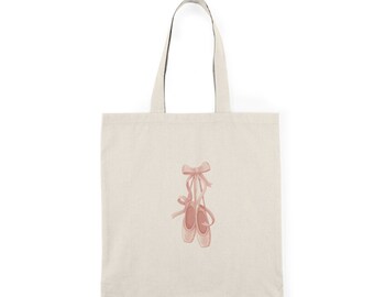 Cute Ballet Slippers Tote Bag, Coquette Pink Bow Ballet Shoes, Gift for Ballerina, Pink Girly Ribbon Bow Tote Bag, Everyday Tote Bag