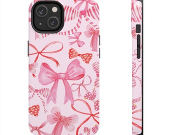 Pink Bows Cute Phone Case, Tough and Protective Case, Aesthetic Pink, Bow Design, iPhone 14, 13, 12, 11, XR, XS, etc