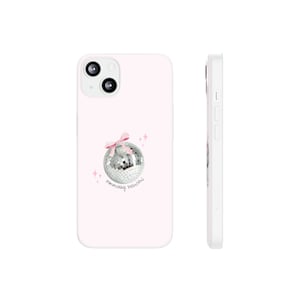 May include: White phone case with a pink background and a silver disco ball with a pink bow. The text "sparkling beautiful" is written below the disco ball.