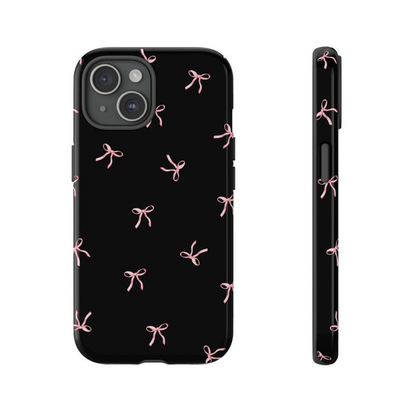 Black and Pink Bows Phone Case, Sleek Black Bow Design, Pink Coquette Ribbon Bow, iPhone and Android/ Samsung, Tough Protective Case