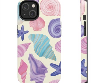 Custodia per telefono con conchiglia estetica, custodia per telefono con conchiglie blu viola rosa pastello, divertente custodia per iPhone con conchiglie di sabbia per spiaggia estiva