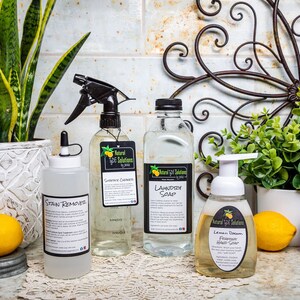 May include: A collection of cleaning products, including stain remover, grease cleaner, laundry soap, and foaming hand soap. The products are in clear bottles with black labels and spray nozzles. The image also includes lemons and potted plants.