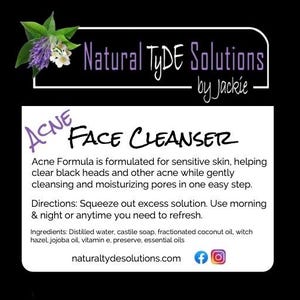 May include: A product label for "Natural TyDE Solutions" acne face cleanser. The label features text in black and purple, with a floral design at the top. The label includes product information and directions for use.