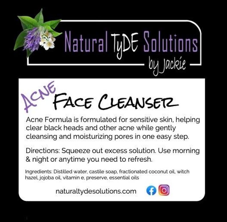 May include: A product label for "Natural TyDE Solutions" acne face cleanser. The label features text in black and purple, with a floral design at the top. The label includes product information and directions for use.