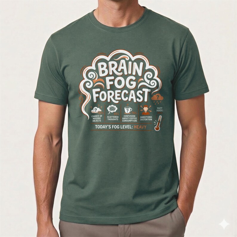 May include: A green t-shirt with the words "BRAIN FOG FORECAST" in white and orange. The design includes icons for symptoms such as "Chance of Forgetting Objects" and "Hazy Index." The text "TODAY'S FOG LEVEL: HEAVY" is also present.